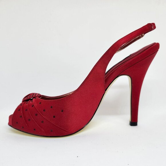 Nina Women's Red Peep Toe High-Heel W/Black Rhinestones Size 7 - Picture 2 of 8